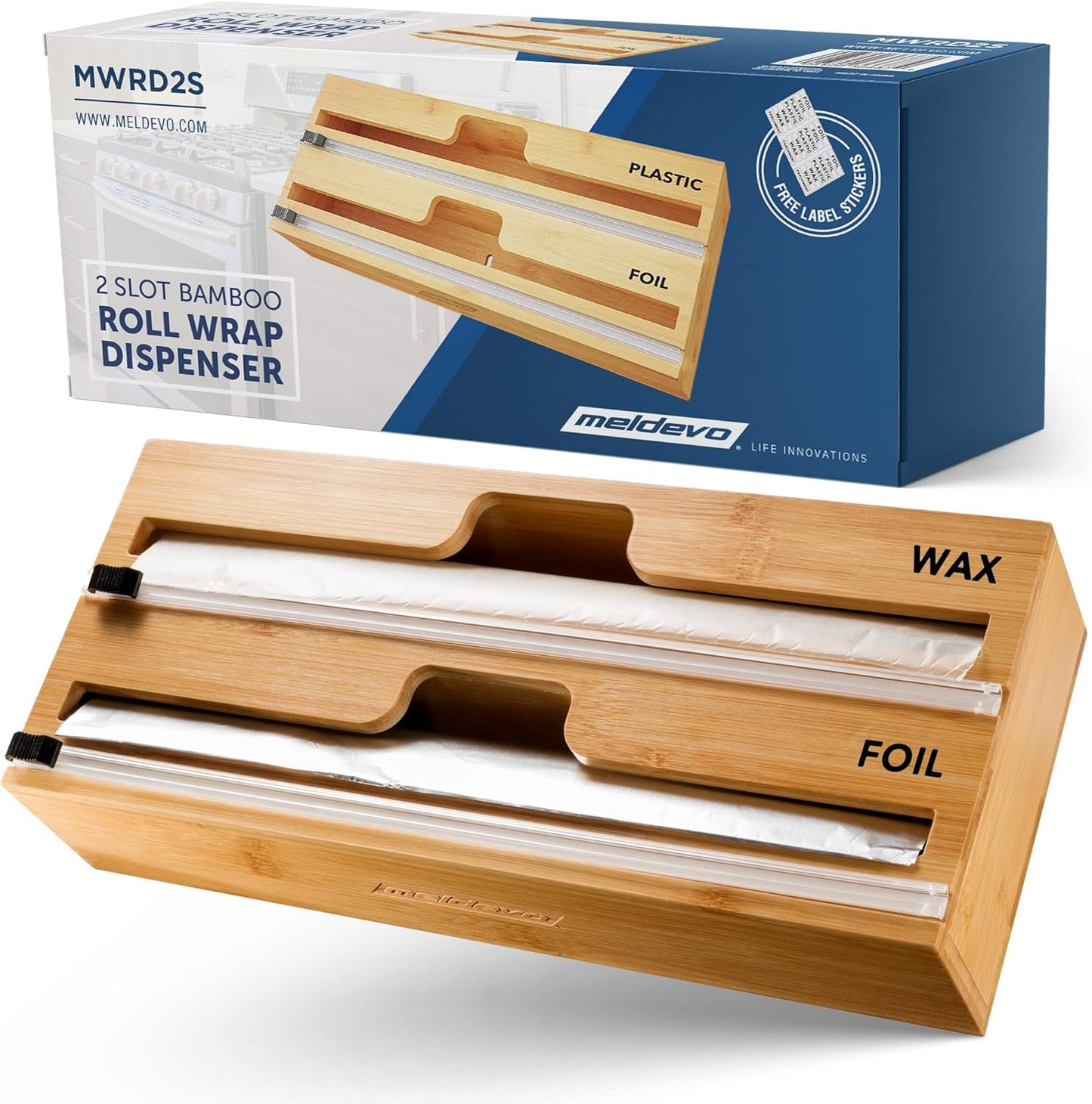 2 in 1 Wrap Dispenser with Cutter and Labels, Plastic Wrap