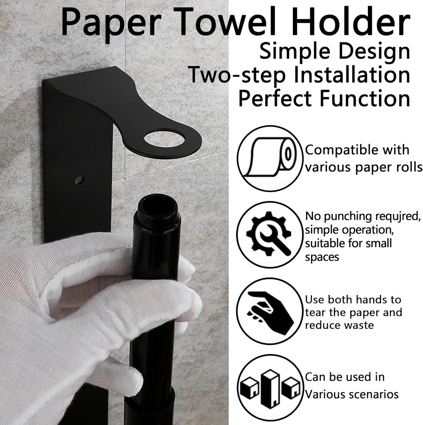Paper Towel Holder, Black Stainless Steel Under Cabinet Wall Mount