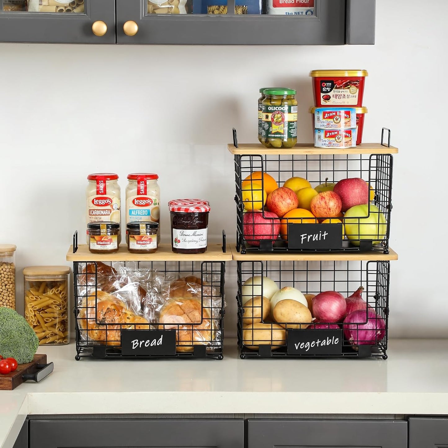 2 Set XXL Stackable Wire Basket with Bamboo Tops & Tag- Pantry Organizer and Storage Bins