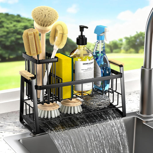 Sponge Holder for Kitchen Sink, 2-Tier Sink Caddy Organizer with Flexible High Brush Holder