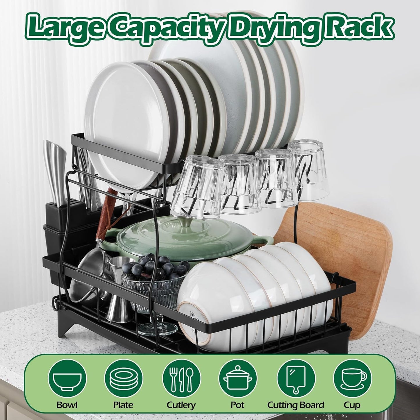 Dish Drying Rack for Kitchen Counter, 2 Tier Small Dish Drainer Drying Rack