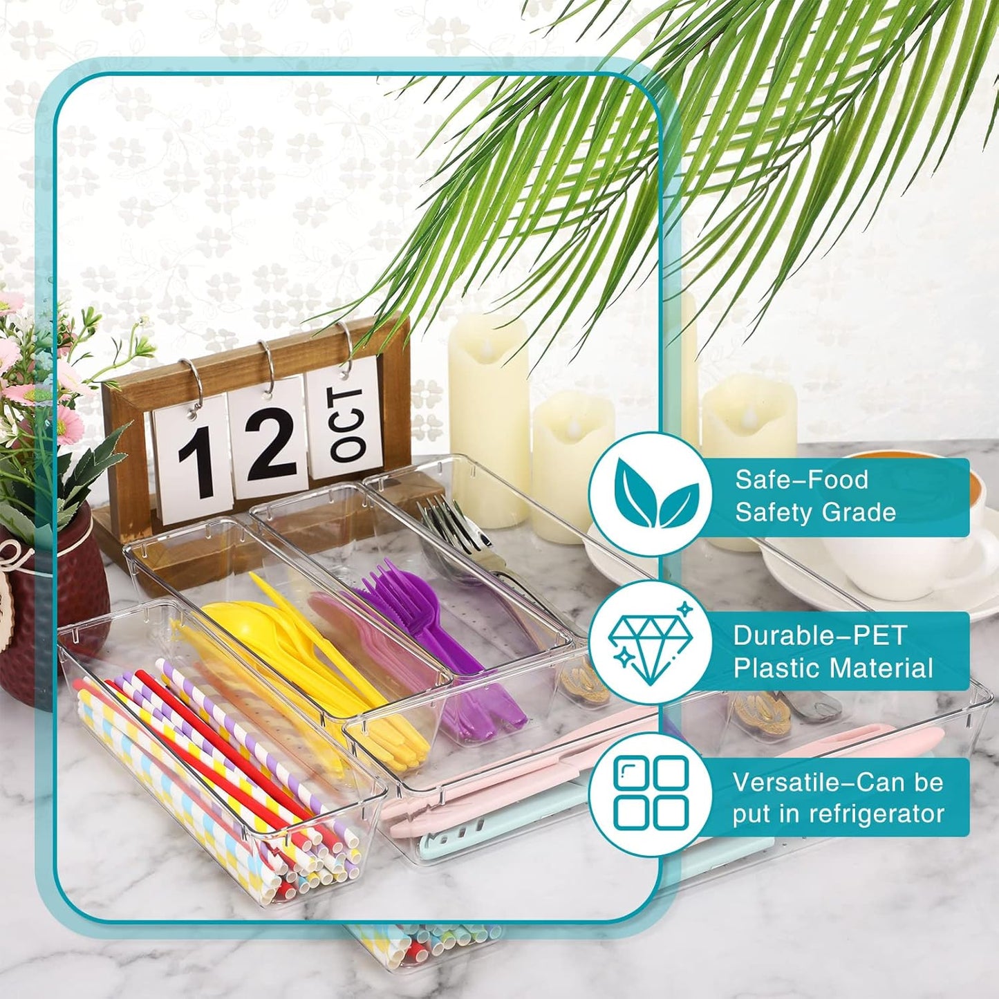 12 Pcs Clear Drawer Organizer 9 x 3 x 2 Inches Plastic Rectangle Trays Makeup Vanity Storage Bins and Kitchen Drawers Dividers for Office Desk Silverware Kitchen Utensils(Clear)
