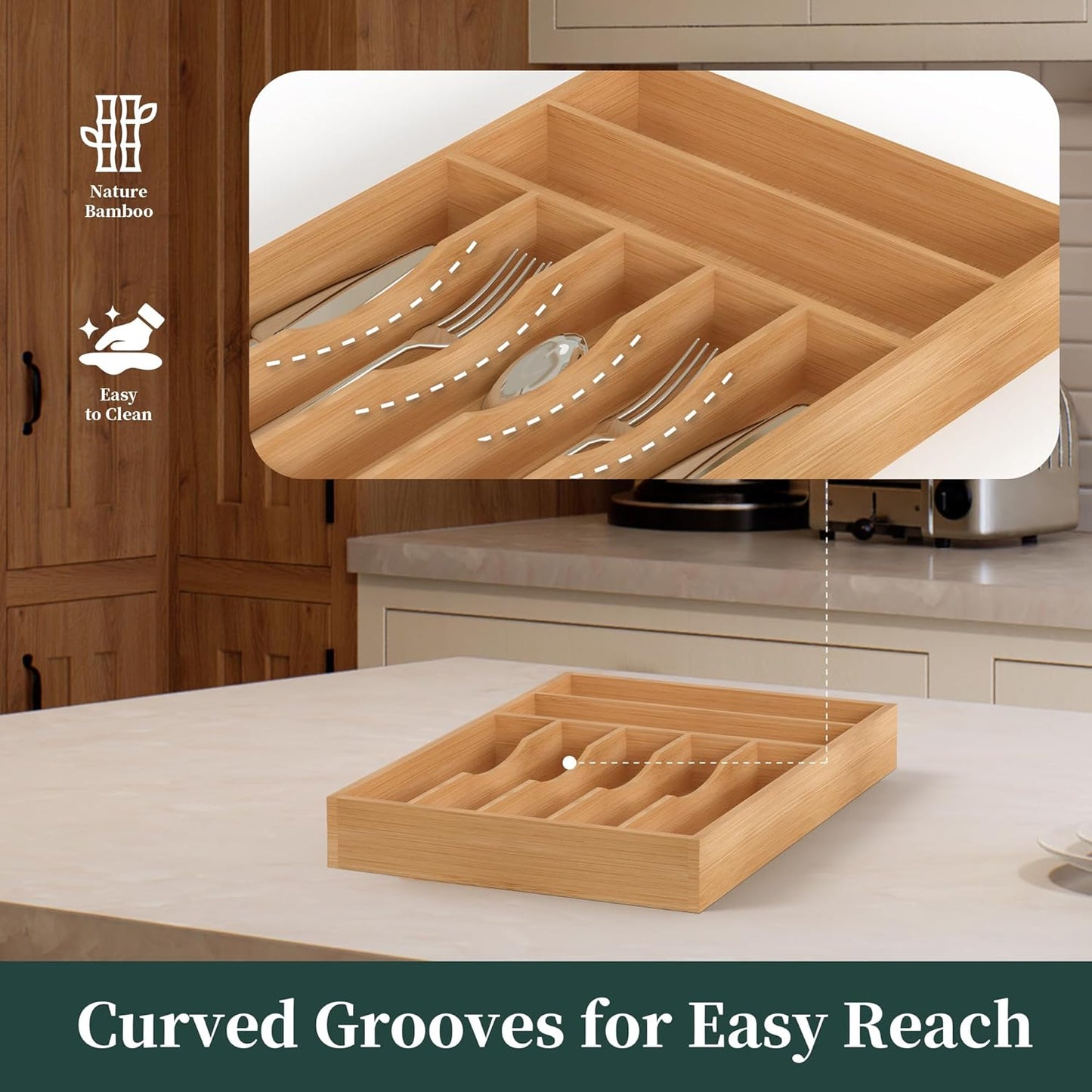 Silverware Organizer, Bamboo Kitchen Drawer Organizer, Utensil Holder