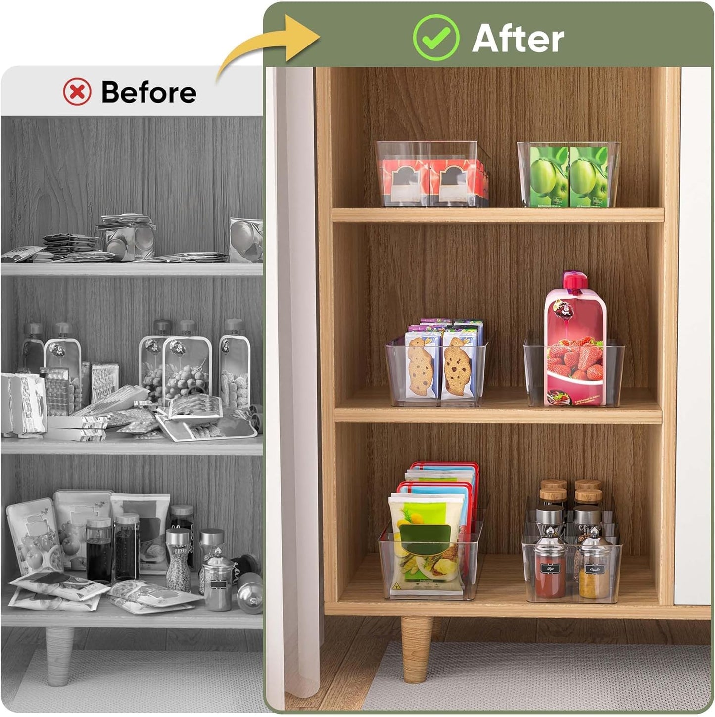 Clear Plastic Storage Bins with 3 Removable Dividers, Pantry Organization
