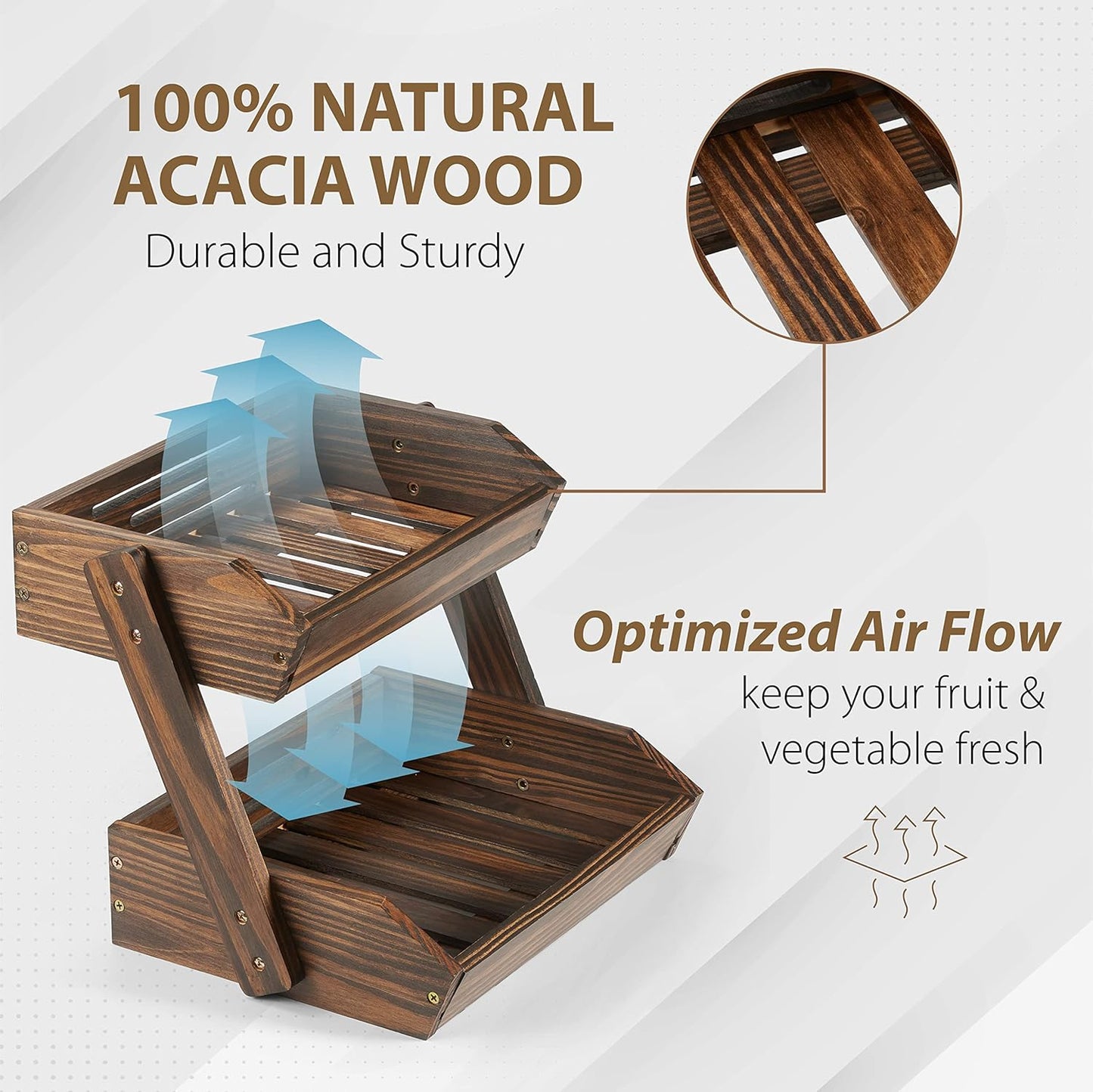 Large Capacity 2-Tier Wooden Fruit Basket, Durable Acacia Wood, 10.5" Tall, Spacious for Produce