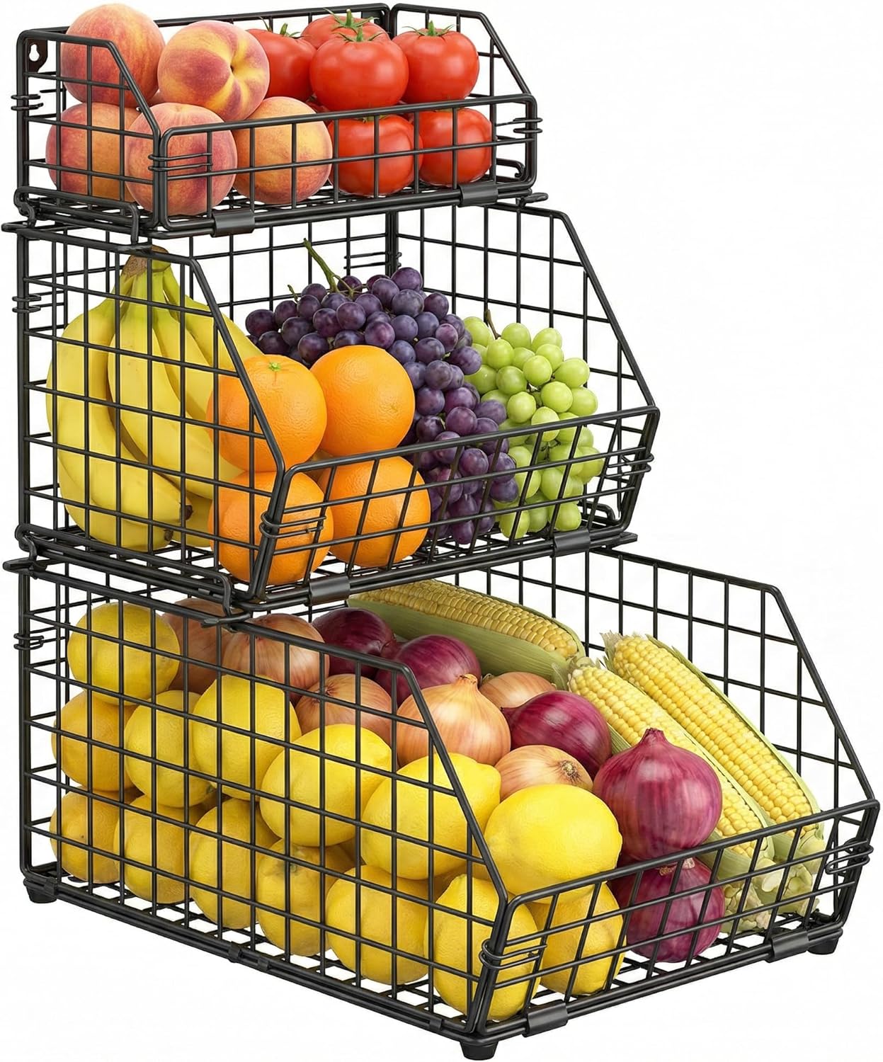3-Tier Fruit Basket for Kitchen Counter, Stackable Wire Baskets Wall
