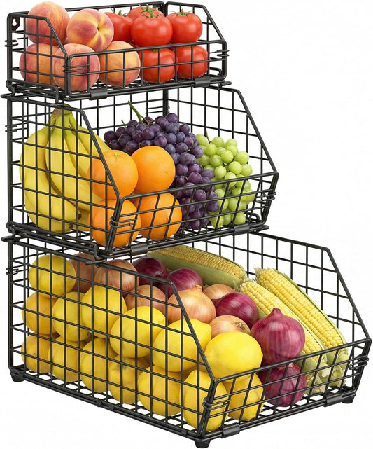 3-Tier Fruit Basket for Kitchen Counter, Stackable Wire Baskets Wall