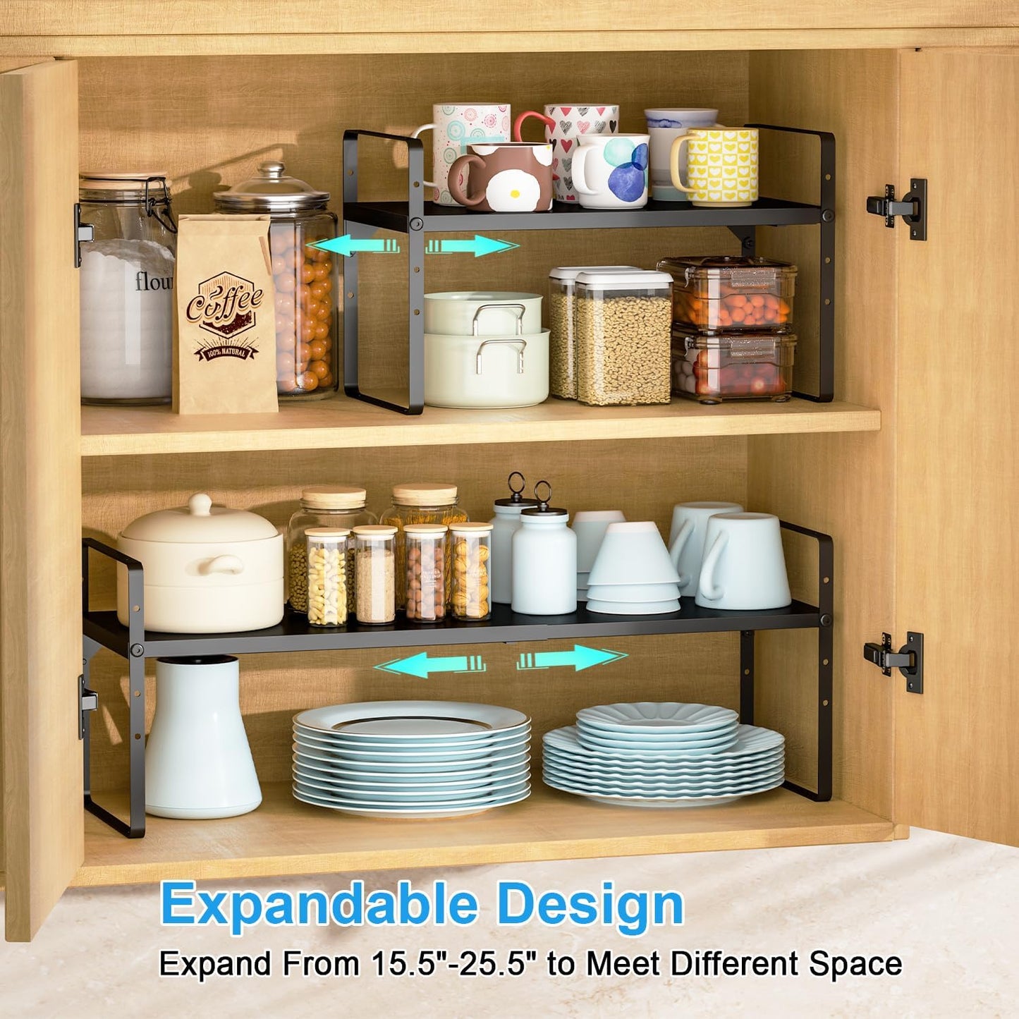 15.5 to 25.5 Inch Kitchen Cabinet Shelf Organizers, Adjustable Kitchen Counter Shelf Organizer