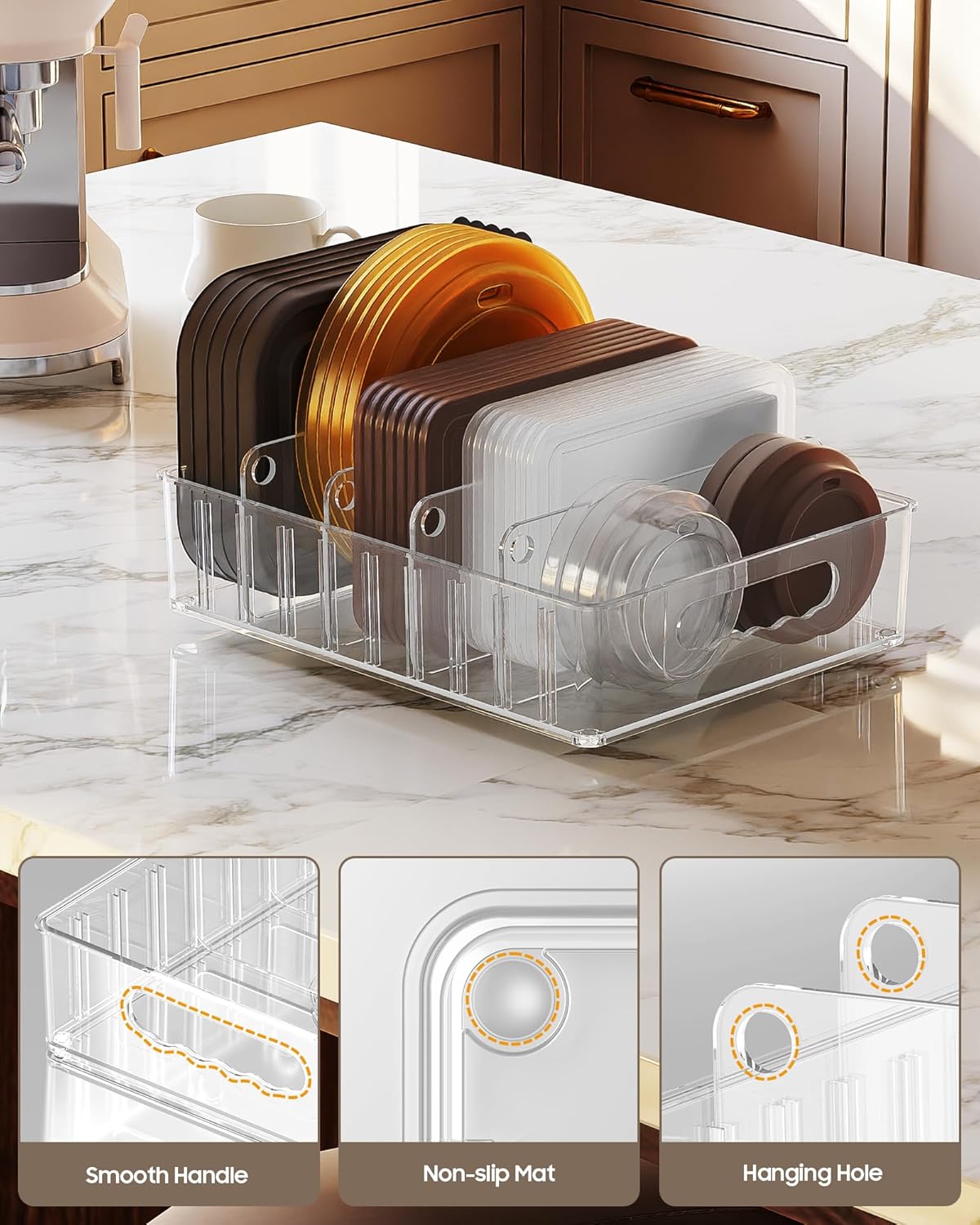 Lid Organizers Inside Cabinet, Clear Plastic Storage Lid Organizer With 4 Adjustable Dividers