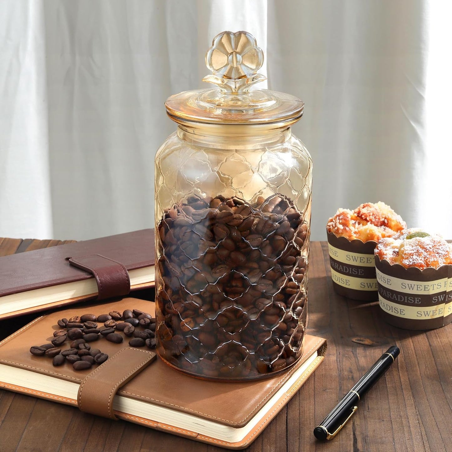 45 oz Amber Glass Storage Jar with Airtight Glass Lids, Vintage Embossed Food Container
