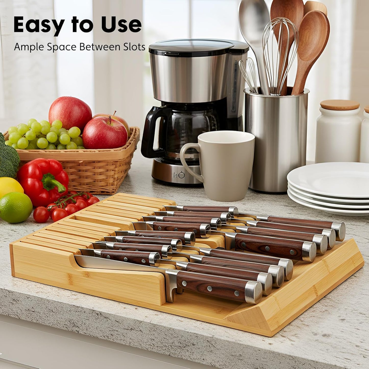 Bamboo Kitchen Drawer Knife Holder, In-drawer Knife Block
