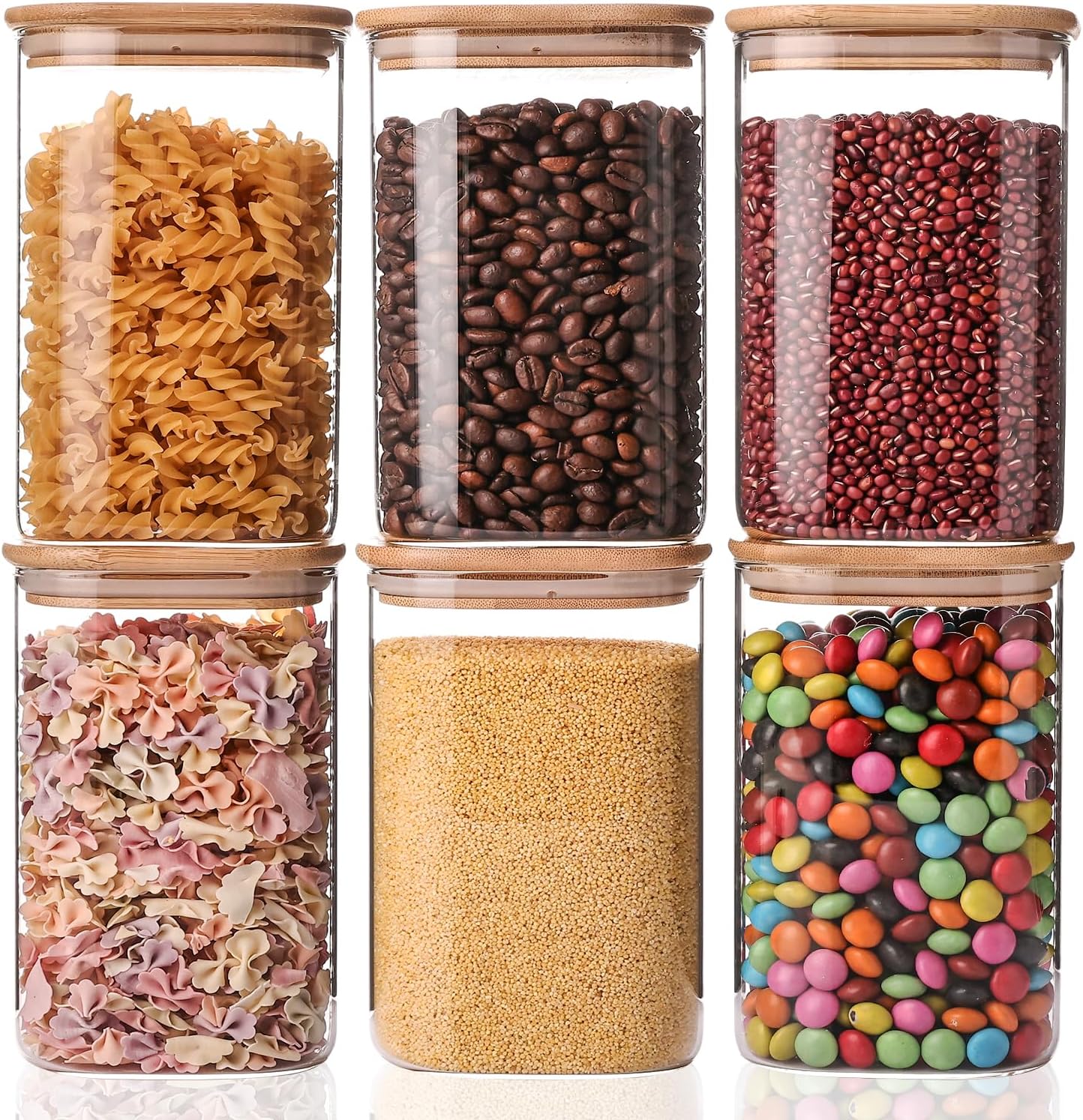 Glass Storage Jars 6 Pack 37oz Clear Glass Food Storage Containers with Airtight Bamboo Lid Stackable Kitchen Canisters for Candy,Cookie,Rice,Sugar,Flour,Pasta,Nuts and Spice Jars(Square)