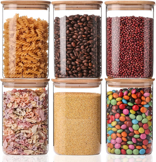 Glass Storage Jars 6 Pack 37oz Clear Glass Food Storage Containers with Airtight Bamboo Lid Stackable Kitchen Canisters for Candy,Cookie,Rice,Sugar,Flour,Pasta,Nuts and Spice Jars(Square)