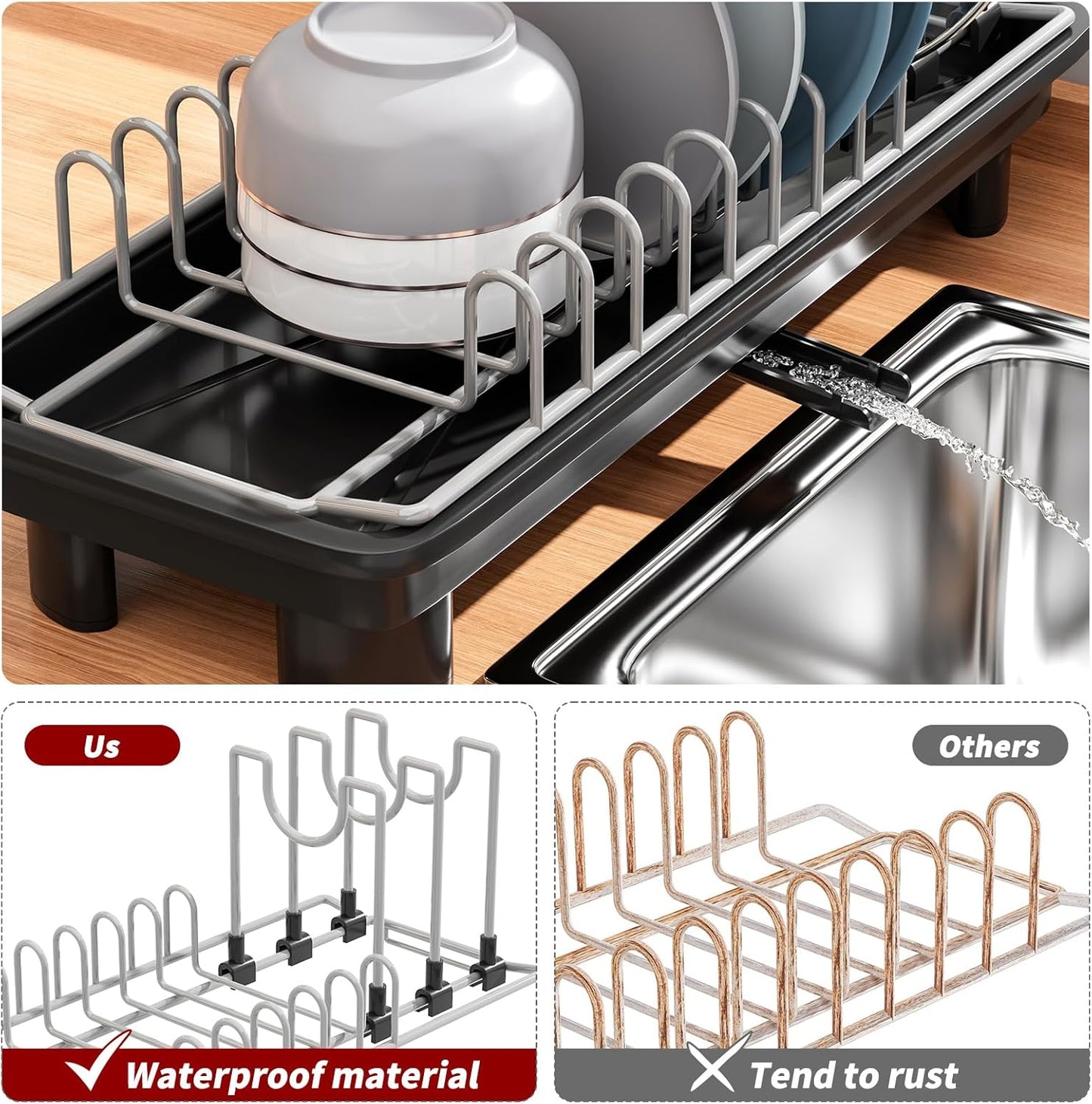 Small Dish Drying Rack with Removable Utensil Holder & Anti-Scratch Base
