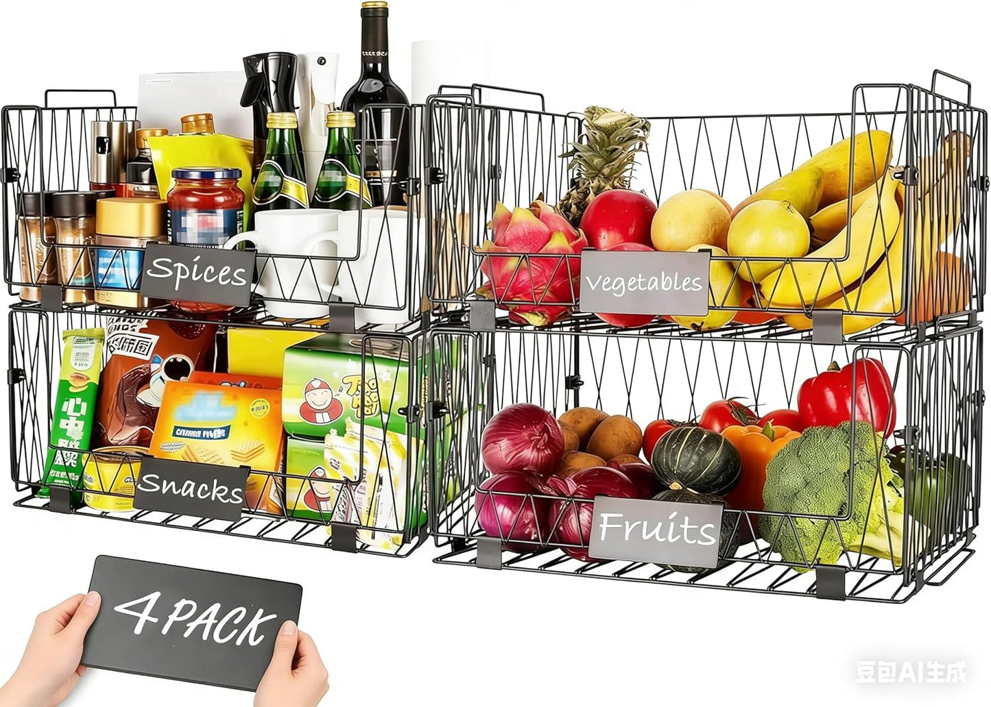 4 PACKS XXL Kitchen Organization and Storage Pantry Baskets