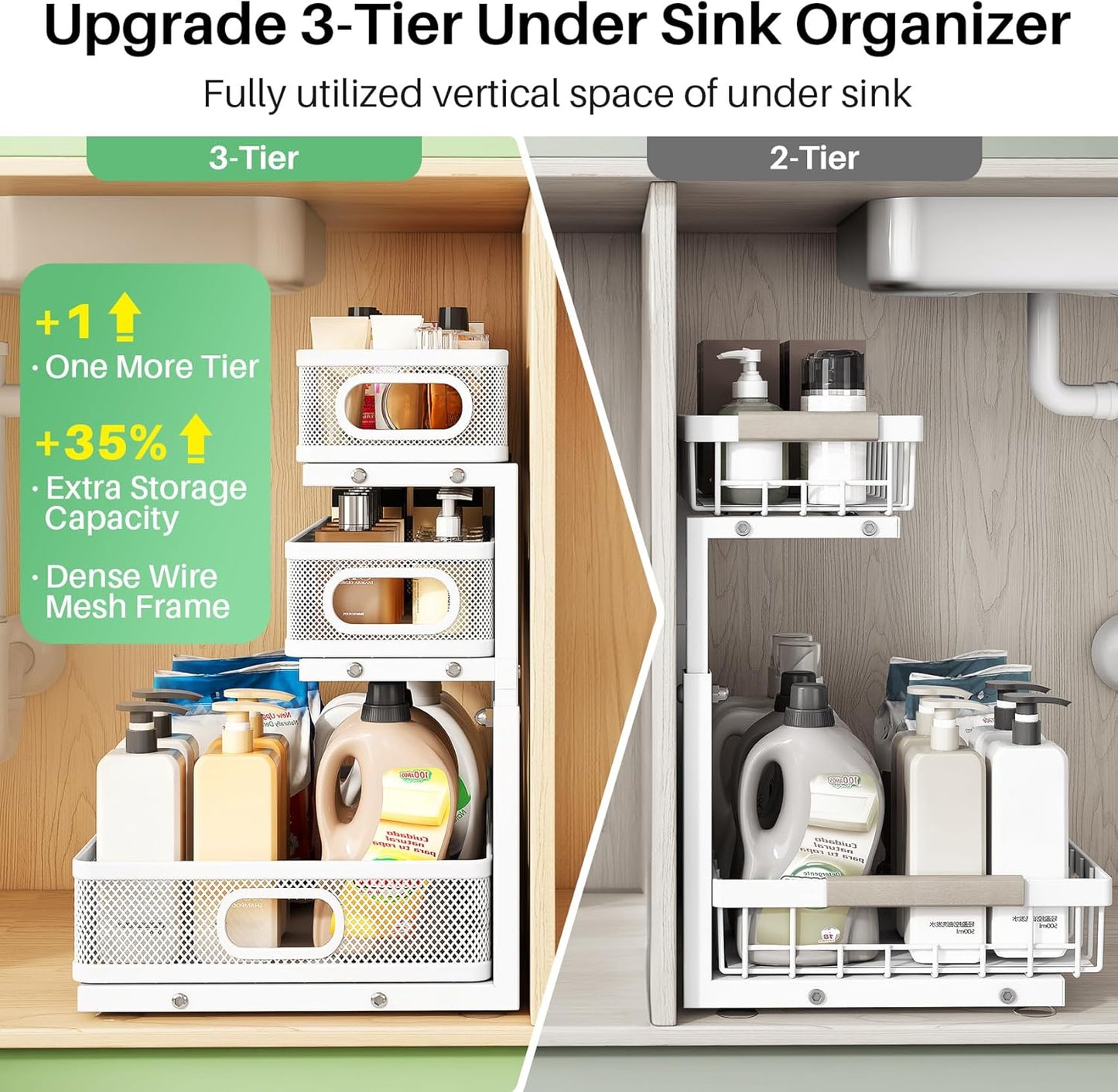 Under Sink Organizer, 2-Pack 3-Tier Height Adjustable Thickened Metal Pull out Cabinet Organizer Shelf, Slide out Storage Drawer Rack for Bathroom Kitchen Pantry Home Laundry Organization