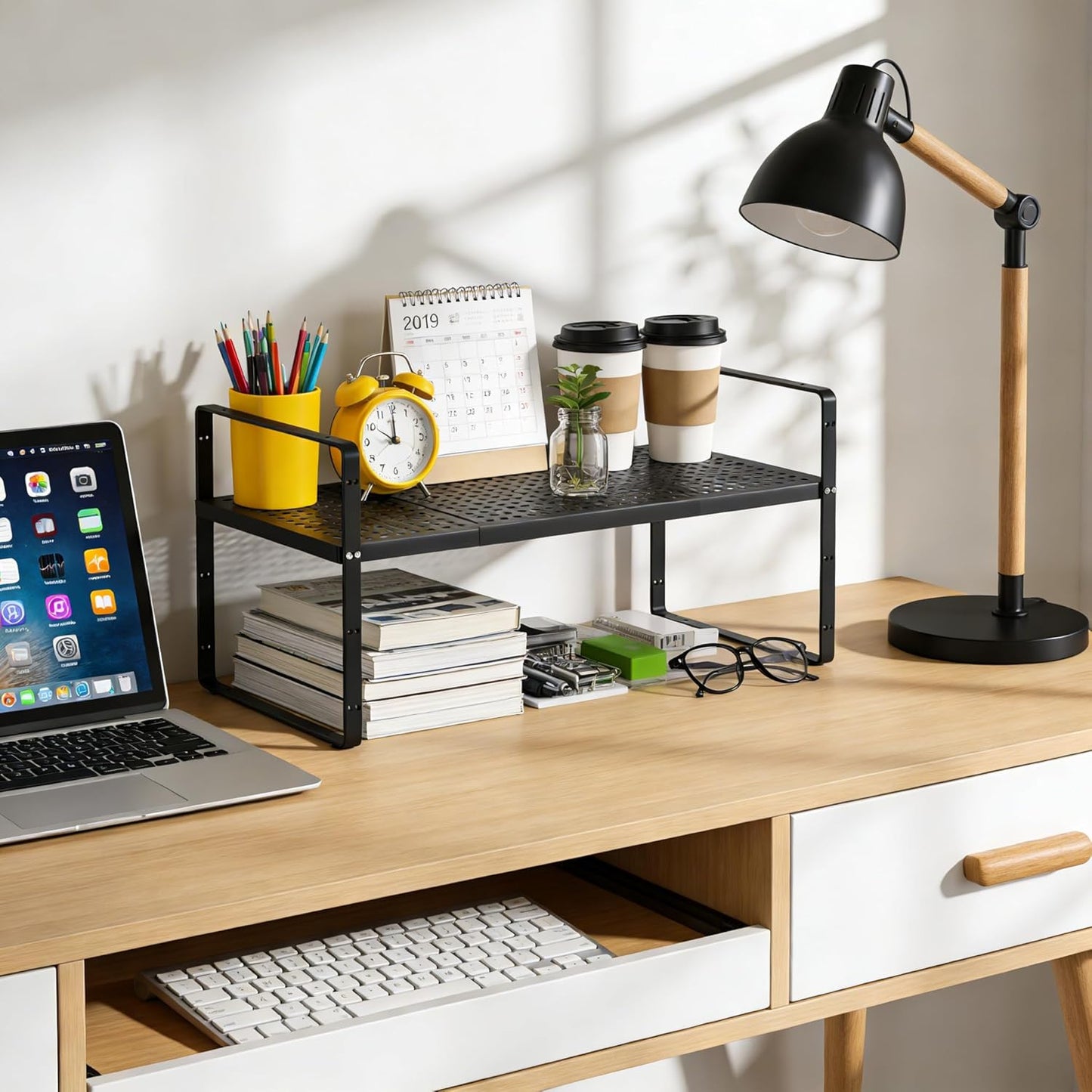 Expandable Cabinet Organizer Shelf - Adjustable Width (16.5”-27.1”), Stackable, Heavy Duty 80 lbs