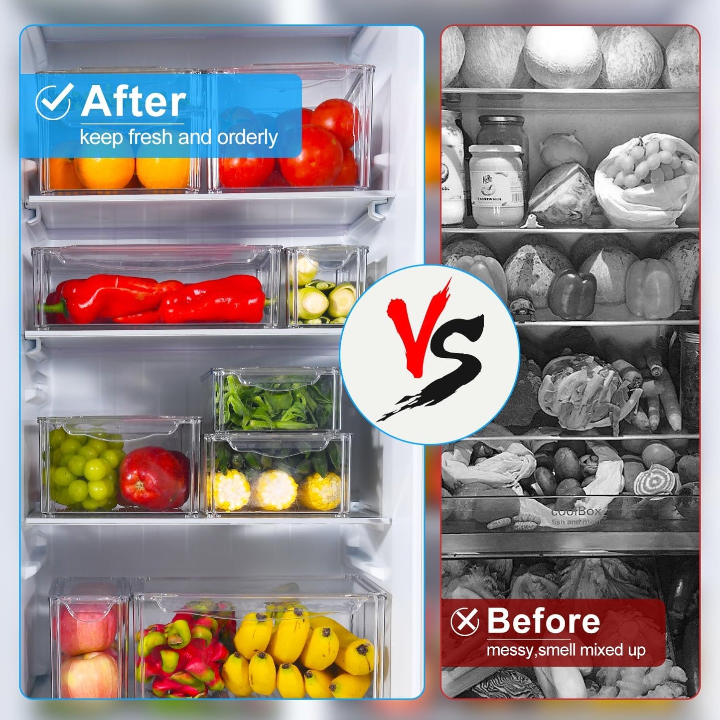 10-Pack Clear Fridge Organizer Bins with Lids, Stackable Refrigerator Storage Containers