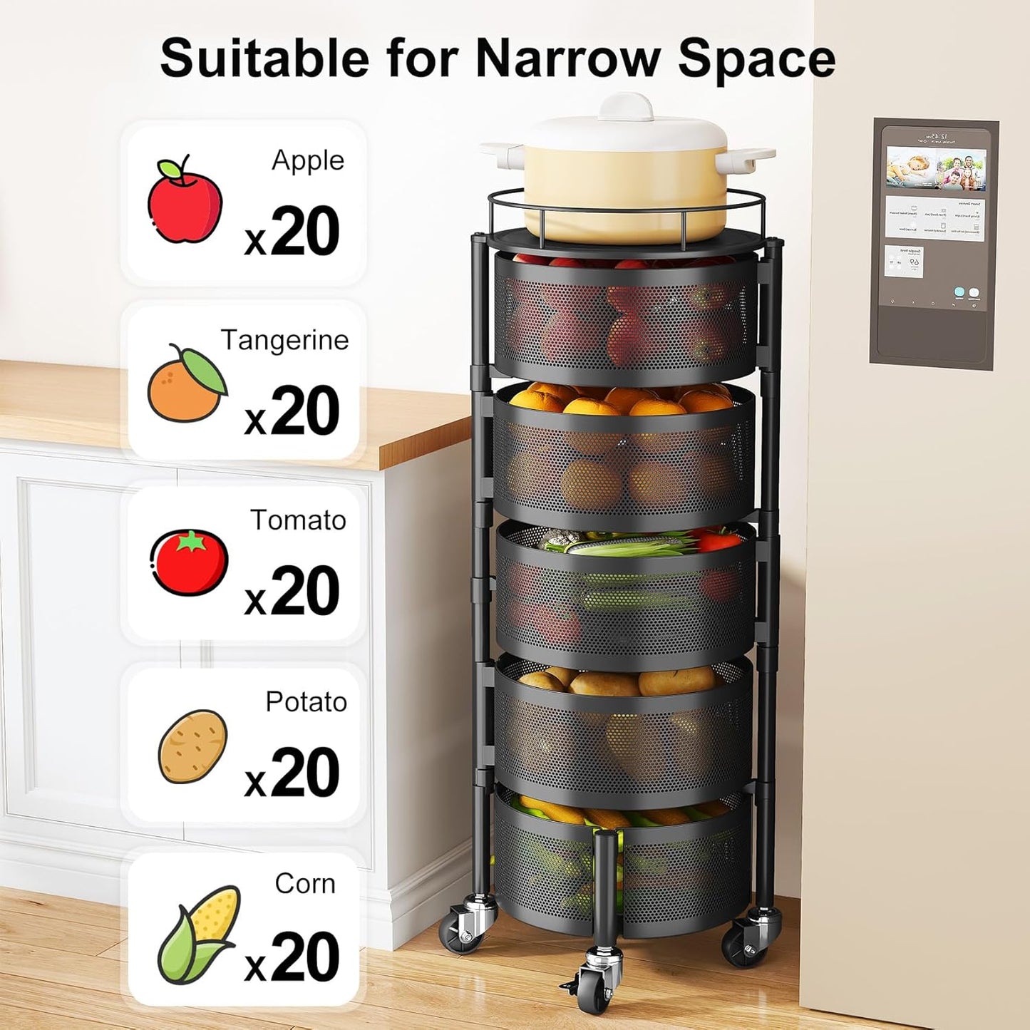 Fruit Vegetable Basket for Kitchen, Rotating Storage Rack, 5 Tier Rolling Cart with top lid