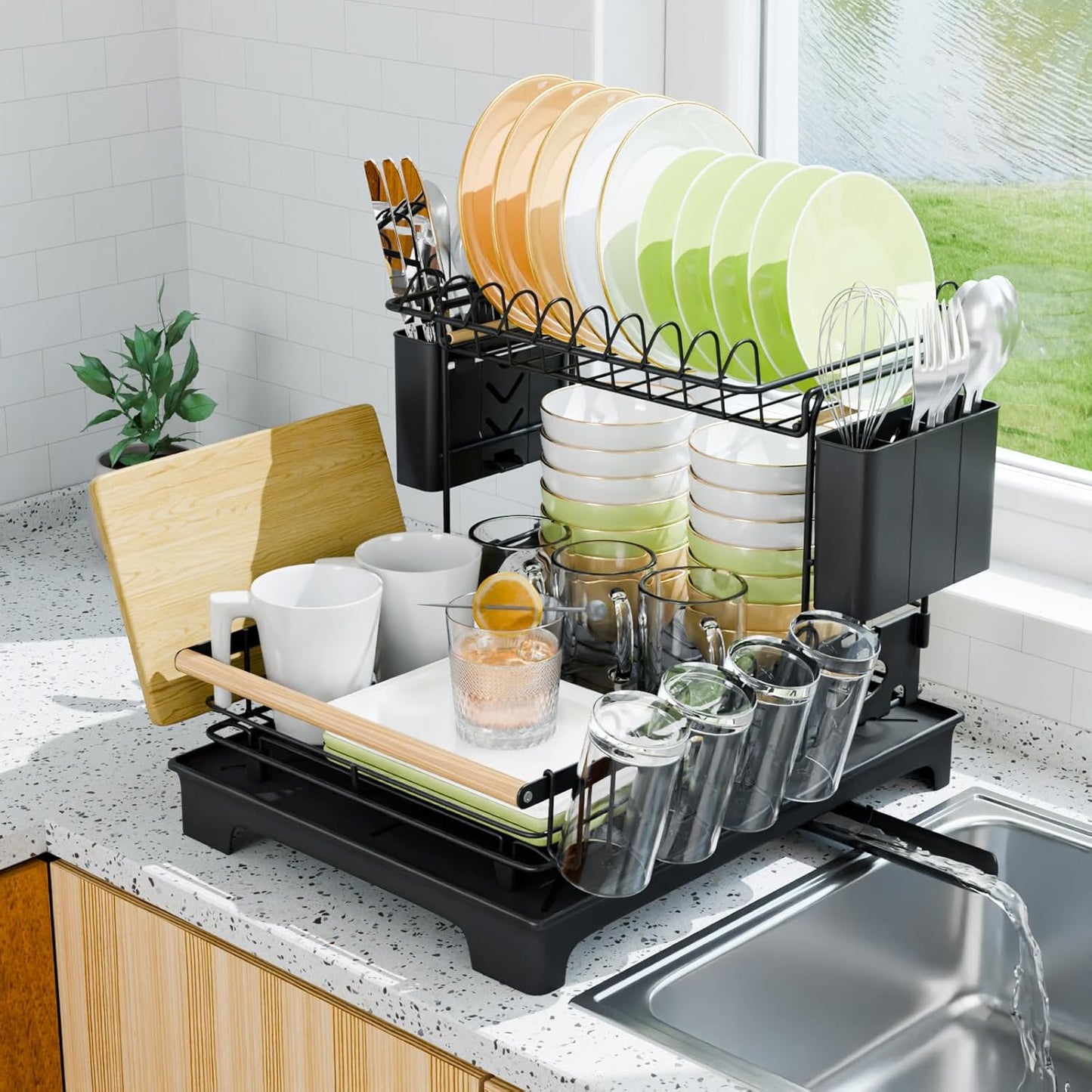 2-Tier Dish Rack with Drainboard: Large Capacity Anti-Rust Kitchen Counter Organizer with Cup