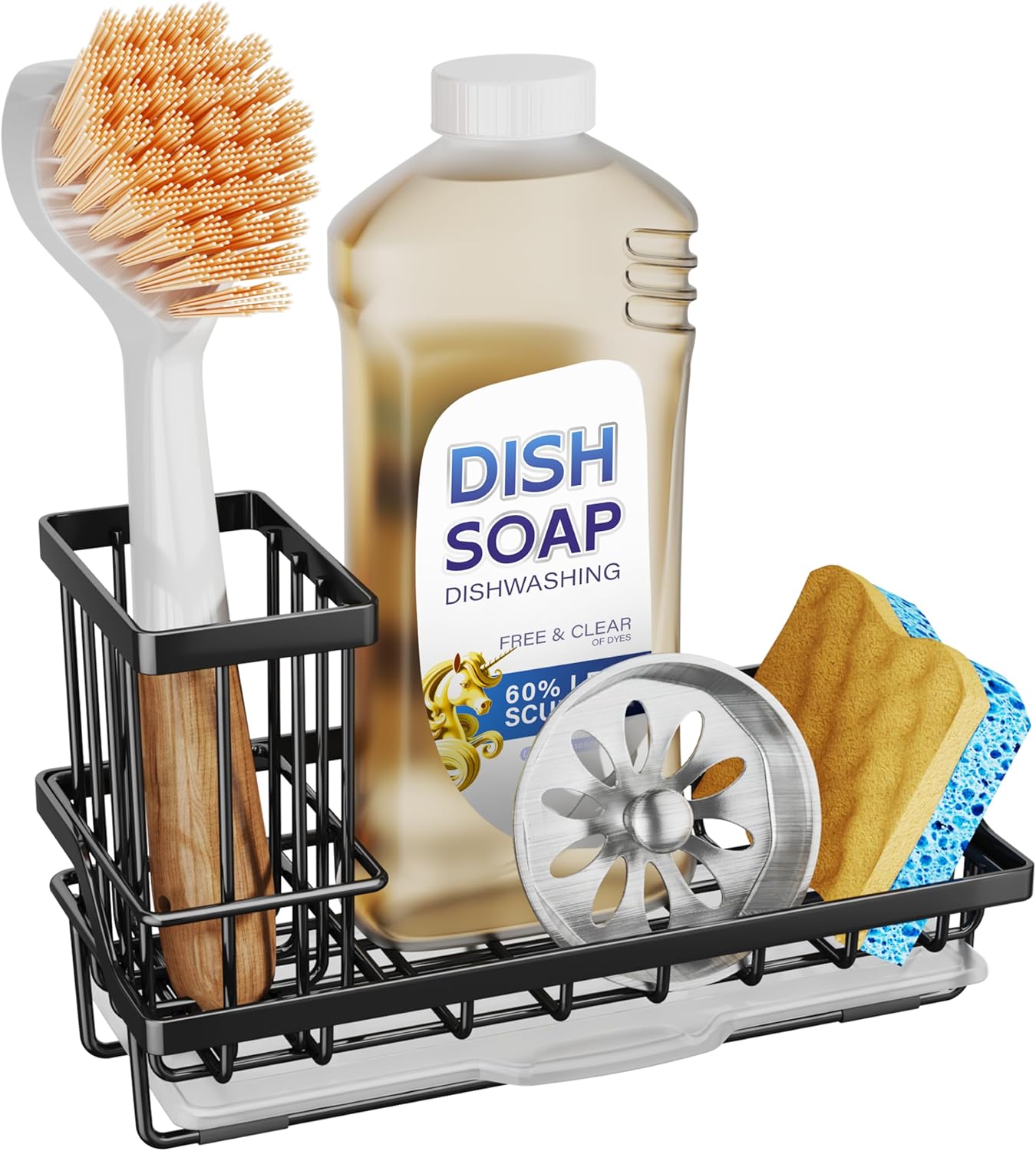 Sink Caddy Sponge Holder - Kitchen Sink Organizer with High Brush Holder for Countertop to Hold Dish Soaps and Sponges, Stainless Steel, Black