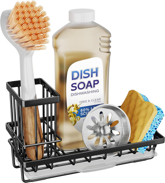 Sink Caddy Sponge Holder - Kitchen Sink Organizer with High Brush Holder for Countertop to Hold Dish Soaps and Sponges, Stainless Steel, Black