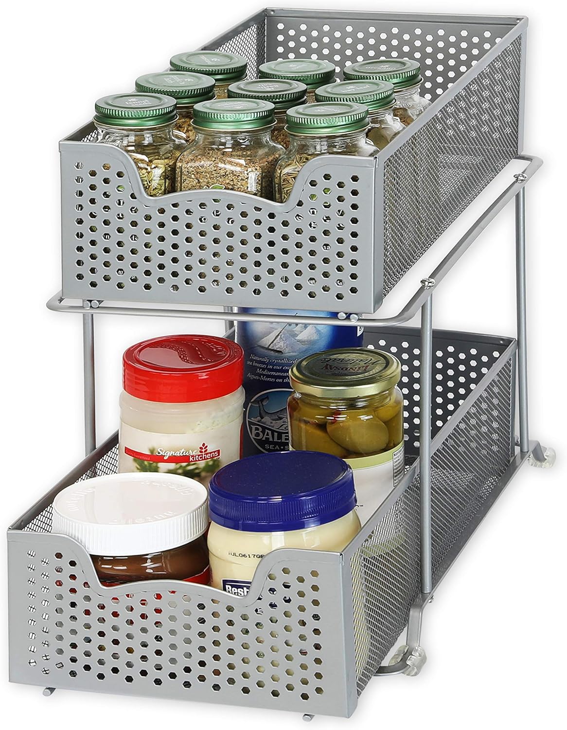 2 Tier Sliding Cabinet Basket Organizer Drawer, Silver