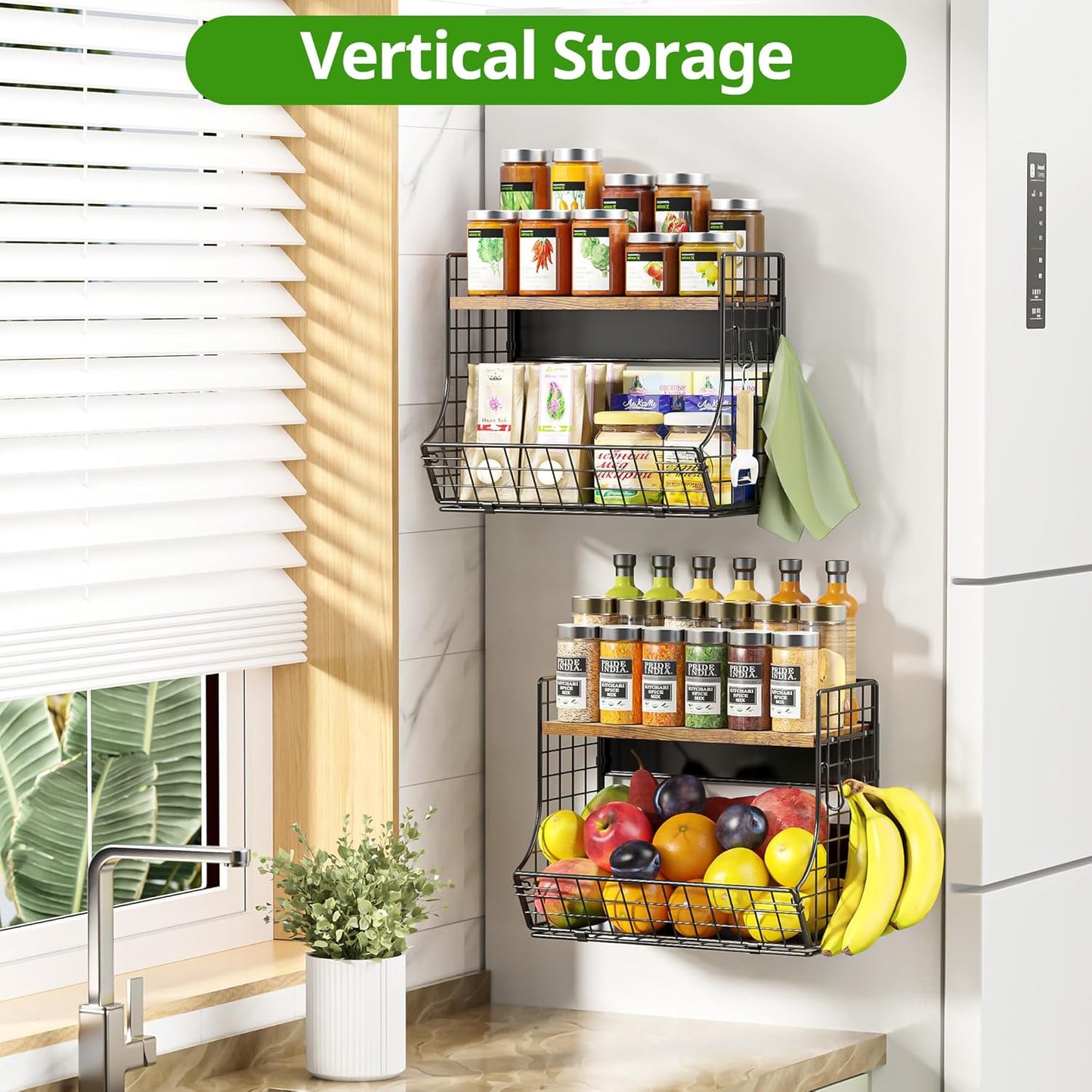 Magnetic Shelf for Fridge with Wood Lid, Fruit Potato and Onion Storage Bins