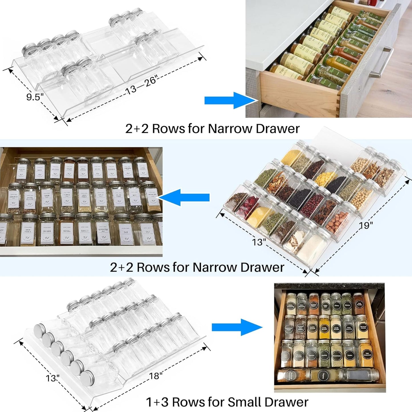 Spice Drawer Organizer, 4 Tier- 8 Pack Kitchen Spice Rack Tray for Drawer