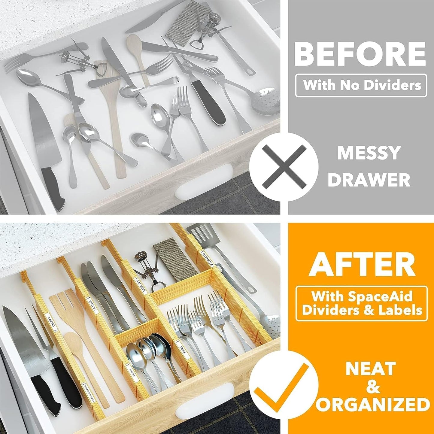 Bamboo Drawer Dividers with Inserts and Labels, Kitchen Adjustable Drawer Organizers