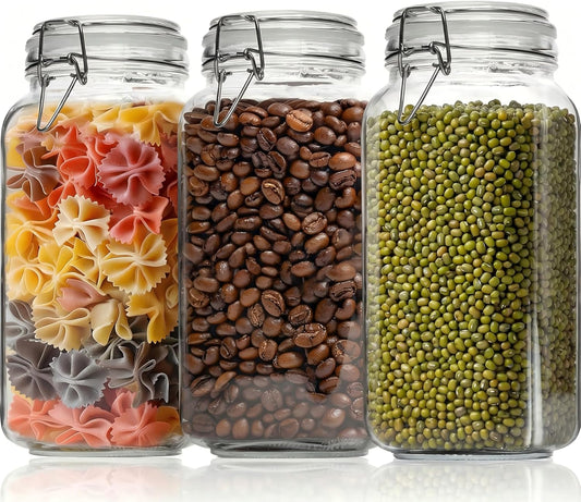 78oz - 3 Pack Square Glass Jars with Airtight Lid, Wide Mouth Mason Jars with Clamp Lids