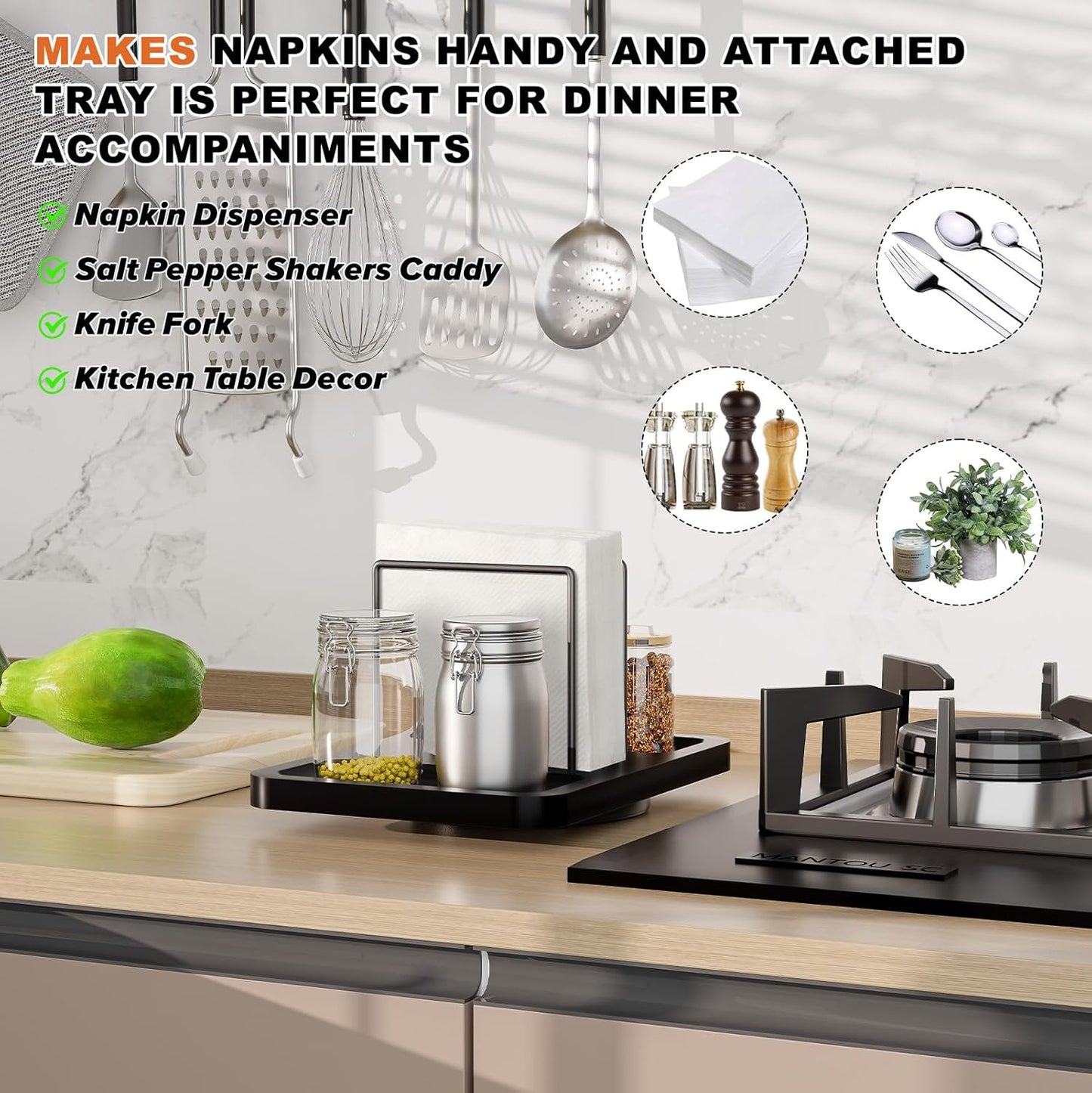 Rotating Napkin Holder for Table, Bamboo Standing Napkin Dispenser with Salt Pepper Shakers Caddy
