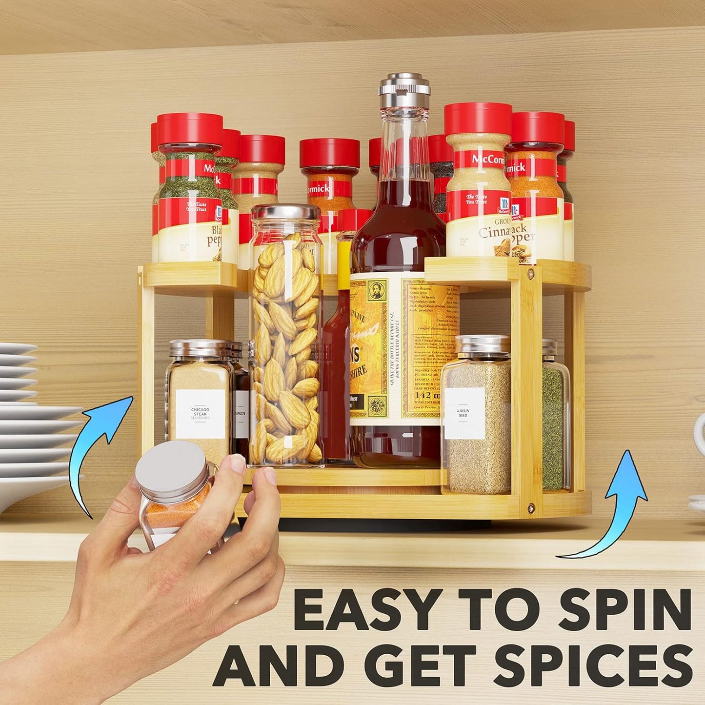 2 Tier Bamboo Spice Rack Organizer, Lazy Susan Turntable for Cabinet