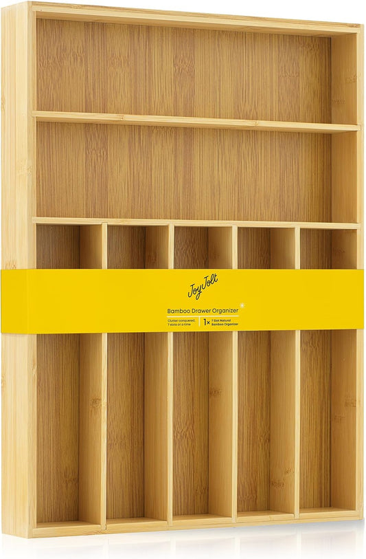 Bamboo Drawer Organizer, 7-Compartment Silverware Organizer, Cutlery and Utensil Organizer