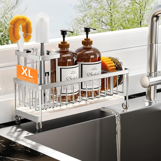 Sponge Holder for Kitchen Sink, Sink Caddy Organizer with High Brush Holder