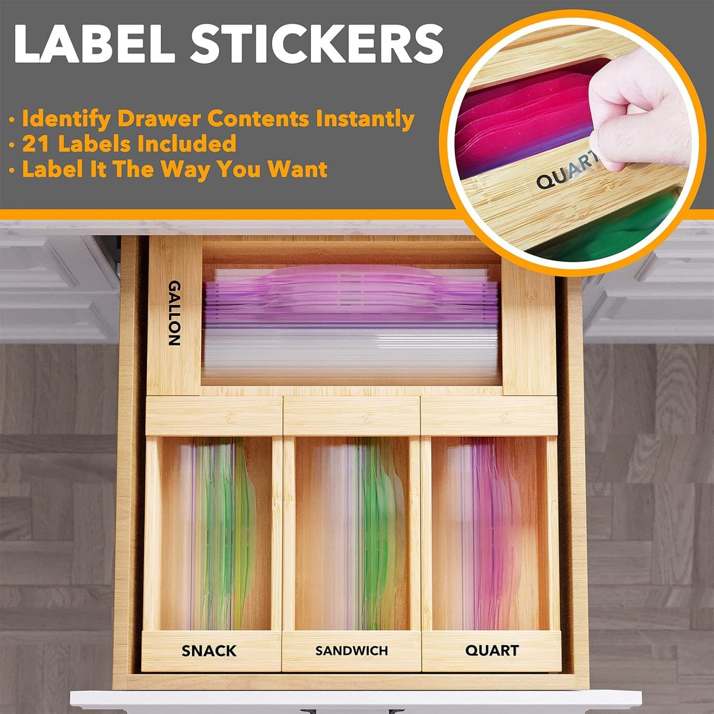 Bag Storage Organizer for Kitchen Drawer, Bamboo Organizer, Compatible with Gallon, Quart