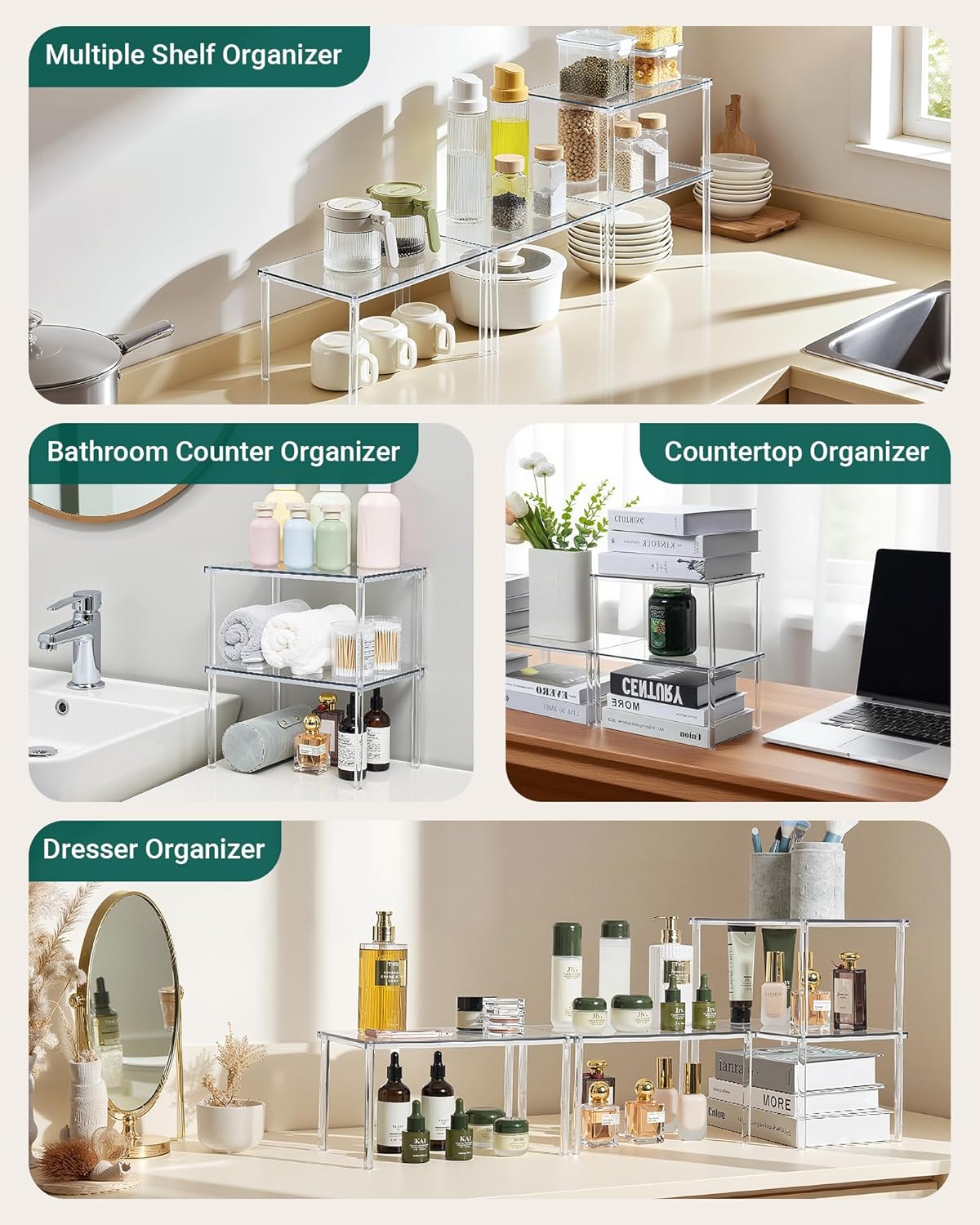Acrylic Cabinet Organizer, Set of 4 Spice Rack Organizer for Cabinet