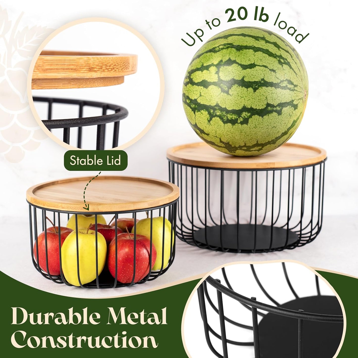 Fruit Basket for Kitchen Counter Set of 3 - Large Stackable Baskets with Bamboo Lid - Fruit Bowl