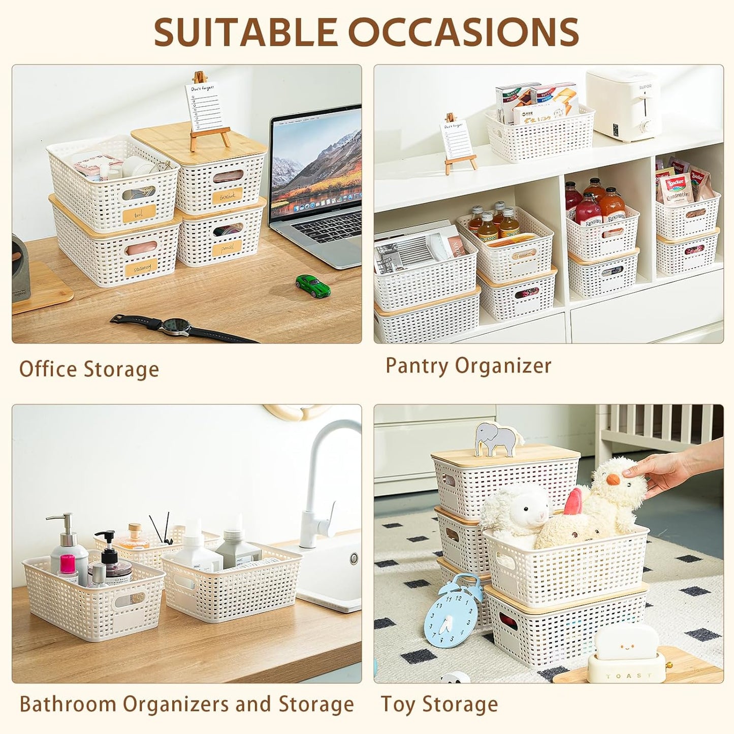 8 Pack Plastic Storage Bins with Bamboo Lids