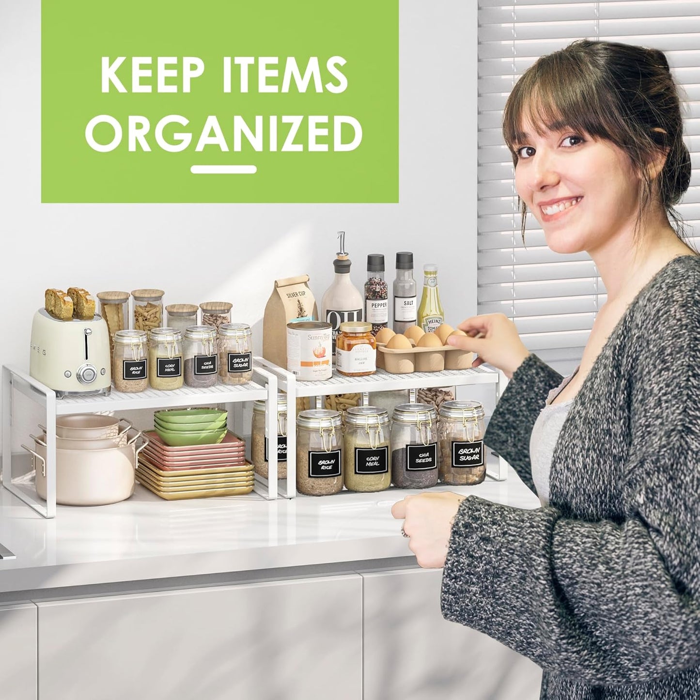 2 Pack Kitchen Countertop Organizer, Stackable Cabinet Shelf Organizer