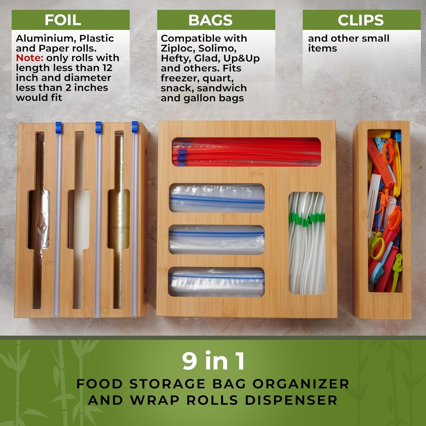 Kitchen Drawer Organizer, 9 in 1 Sandwich Storage Bag Organizer & Foil Wrap Dispenser