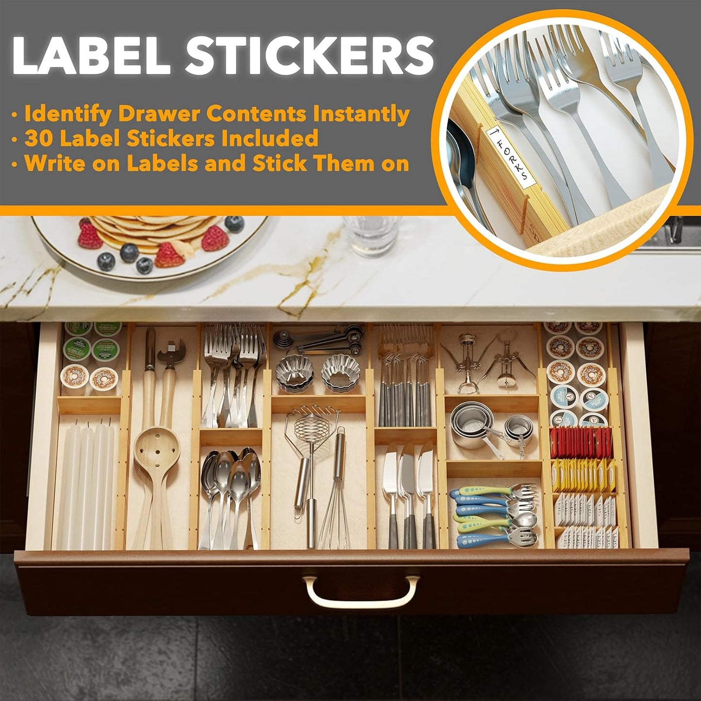 Bamboo Drawer Dividers with Inserts and Labels, Kitchen Adjustable Drawer Organizers