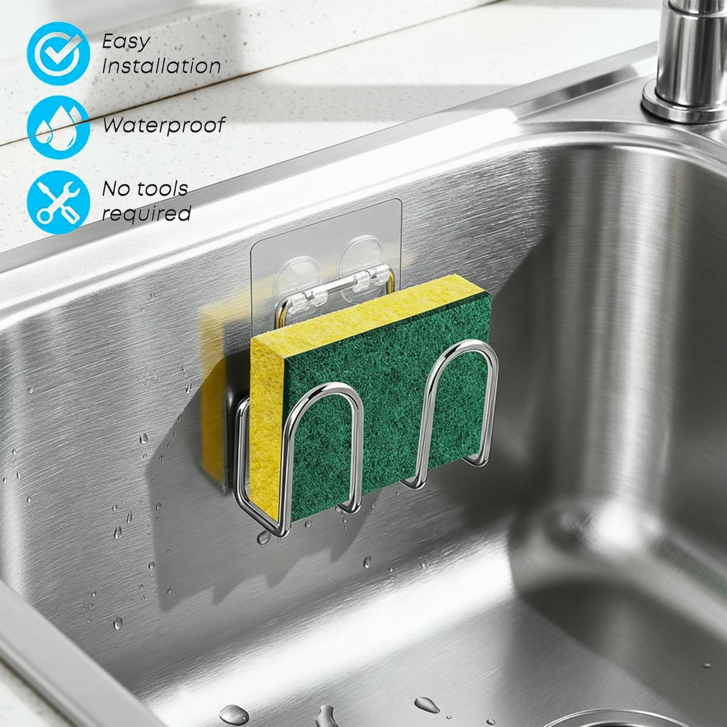 Kitchen Sponge Holder | Sink Caddy for Sponges, Scrubbers, Soap. No Drilling, Adhesive