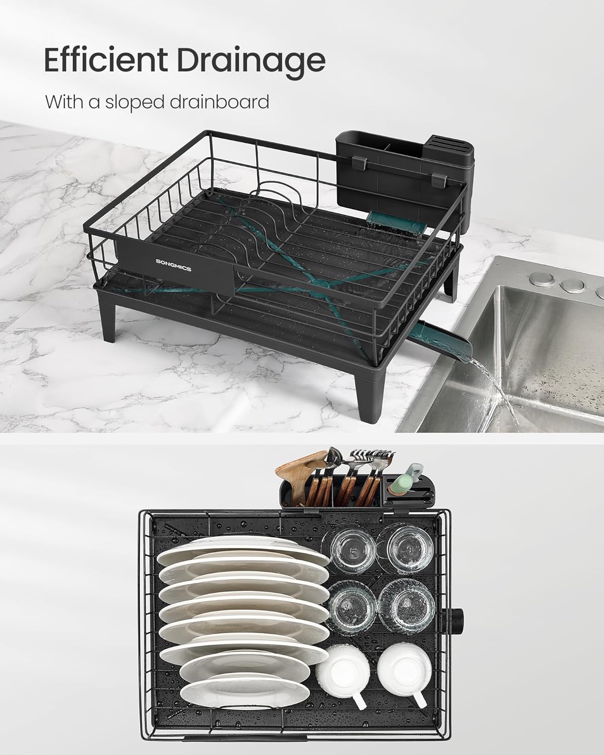Dish Drying Rack, Kitchen Dish Rack with Drainboard, 360° Rotatable and Extendable Spout