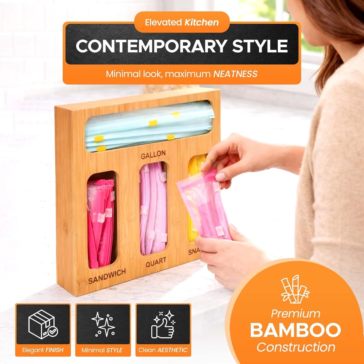 Earth’s Dreams Bamboo Kitchen Drawer Organizer – Resealable Food Storage Bag Holder for Gallon