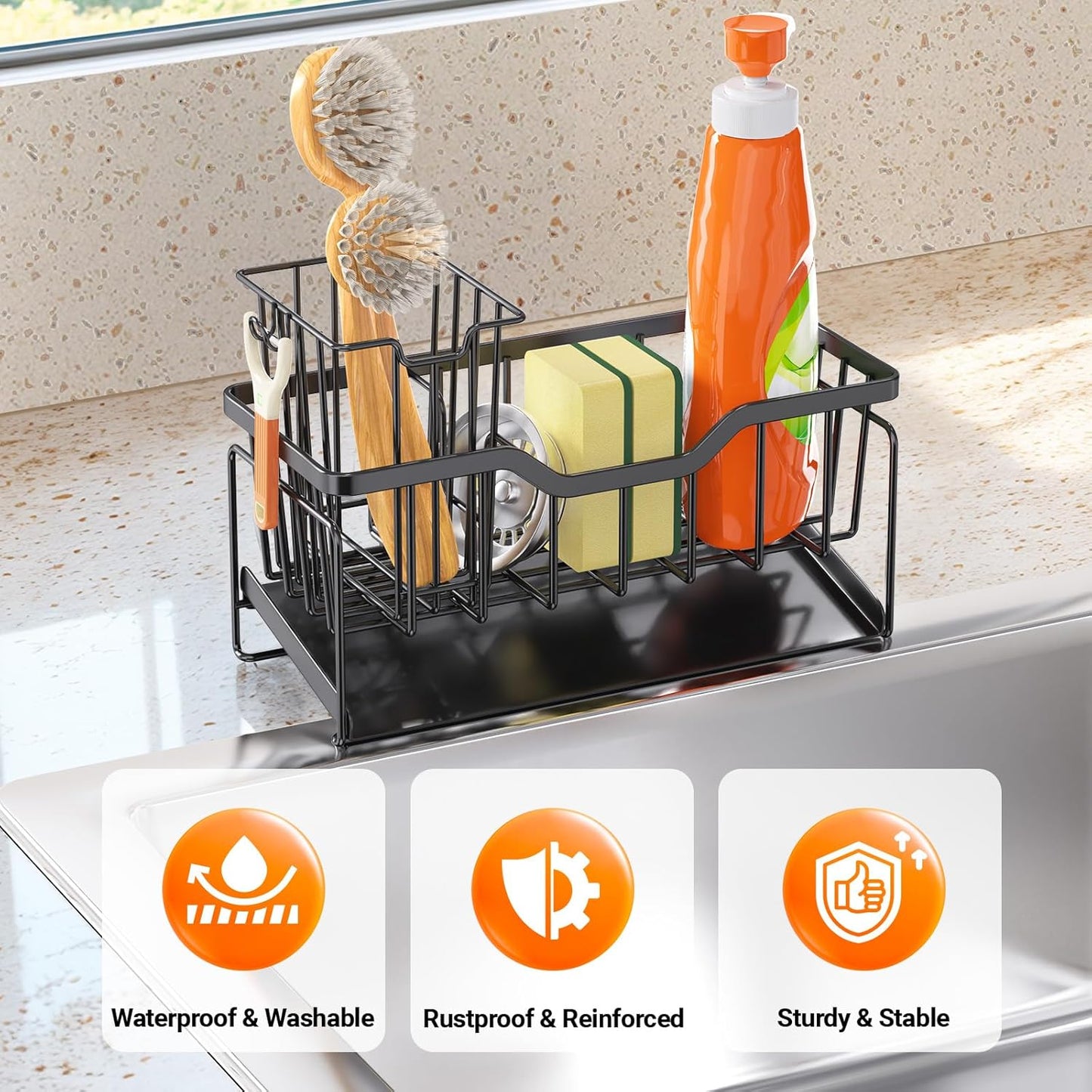 Kitchen Sink Caddy Organizer, Rustproof Sponge Holder for Kitchen Sink