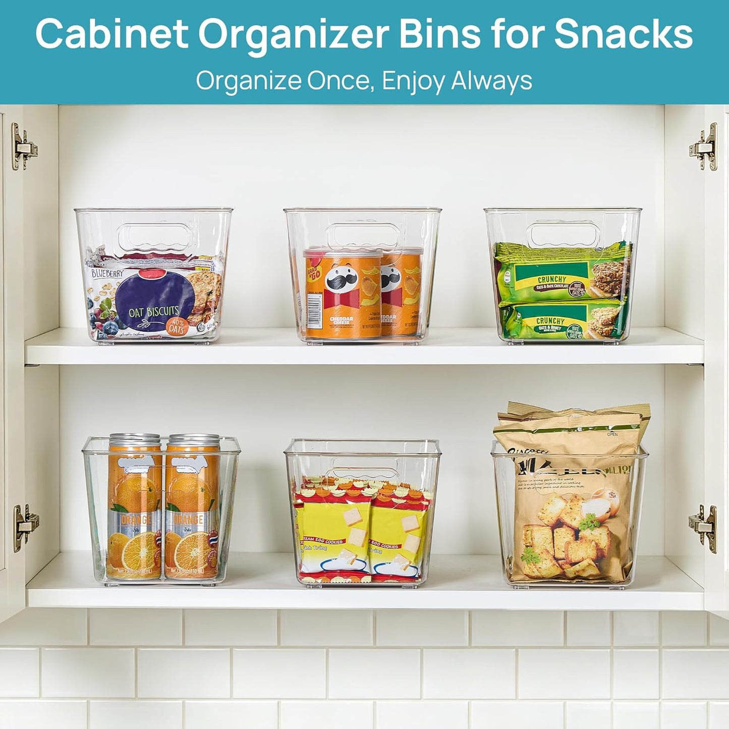 6 Pack Clear Storage Bins, Pantry Cabinet Organizer Bins with Handle for Pantry Organizer and Storage, Plastic Bins for Fridge, Cabinet, Kitchen, Countertops, Cupboard, Freezer, Medium