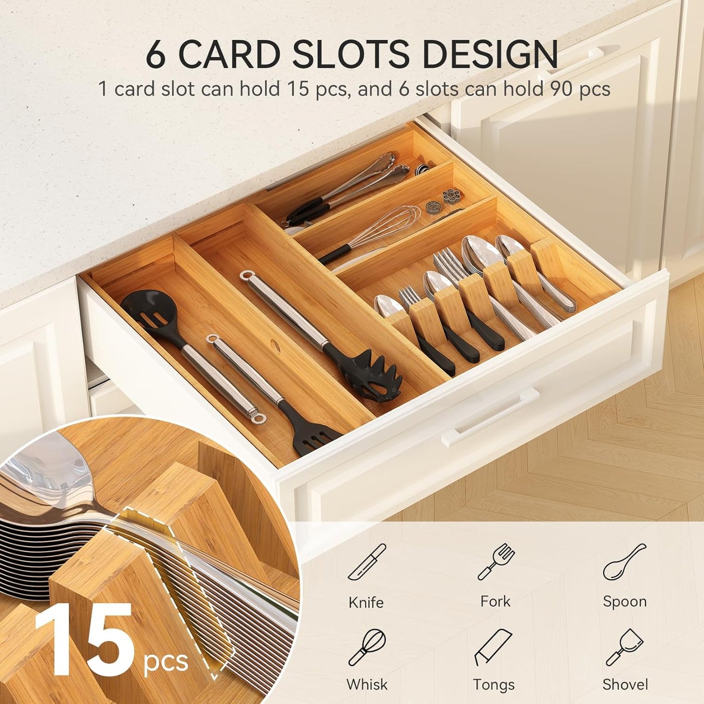 Pure Bamboo Silverware Drawer Organizer: 16.9x18.9 Expandable Large Silverware Utensil Tray Holder