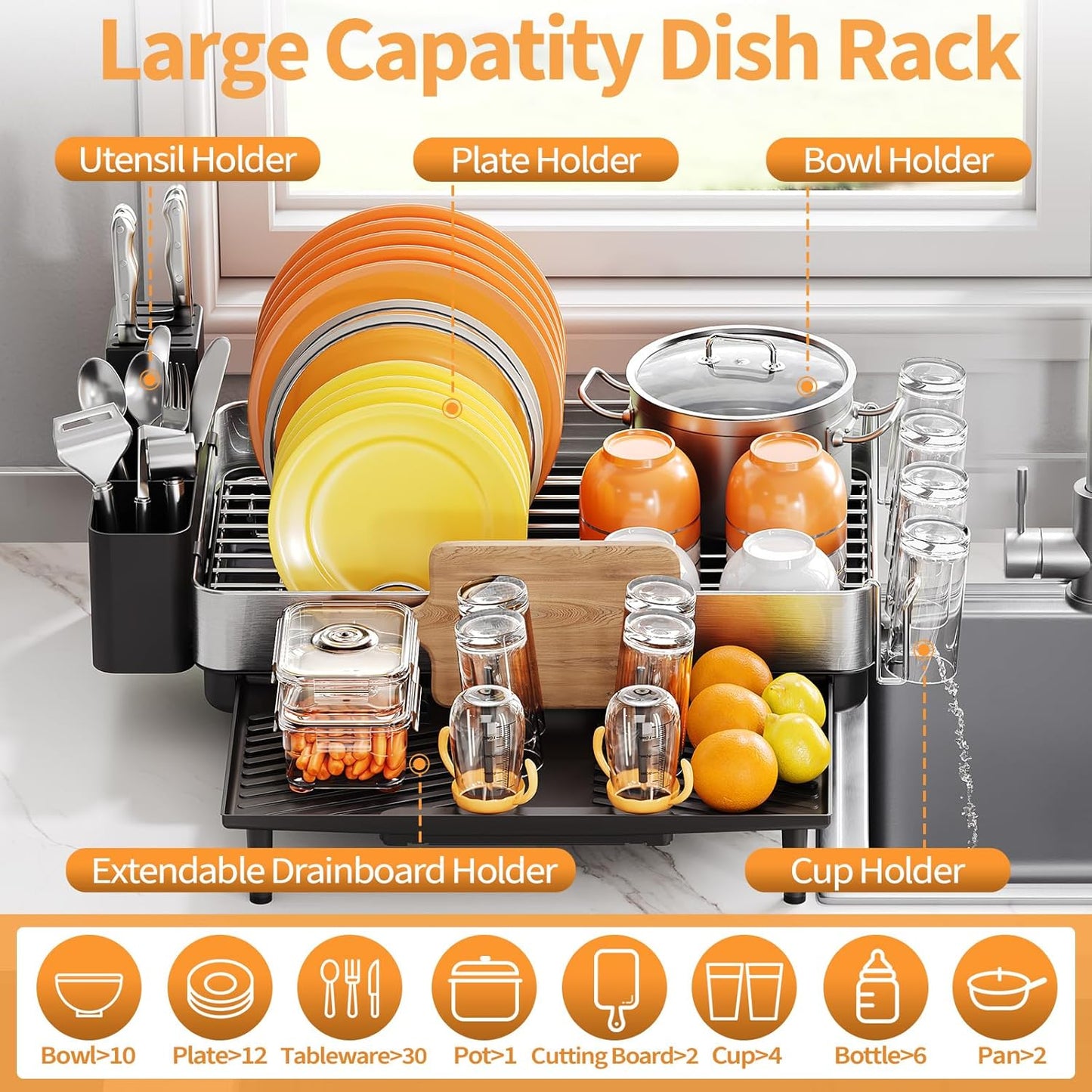 Dish Rack for Kitchen Counter, 304 Stainless Steel Dish Drying Rack, Expandable Dish Drainer