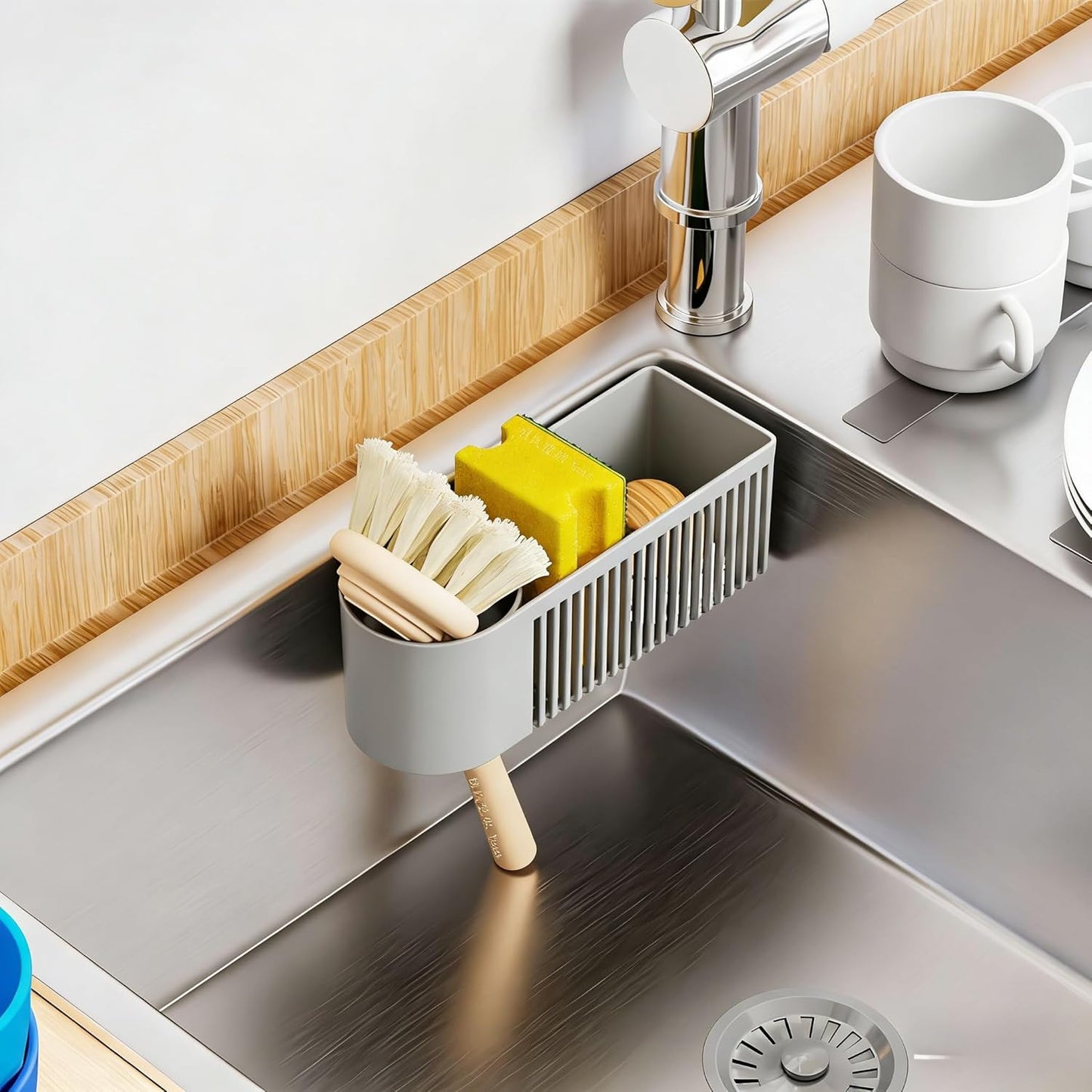 Inside Sink Sponge Holder,Grey Rustproof Sink Caddy and Scrub Holder for Kitchen Sink with Suction Cup,Adhesive,Plastic Dish Sink Organizer for Scrub Brush,Scrubber,Dish Sponge,Spinge Holder